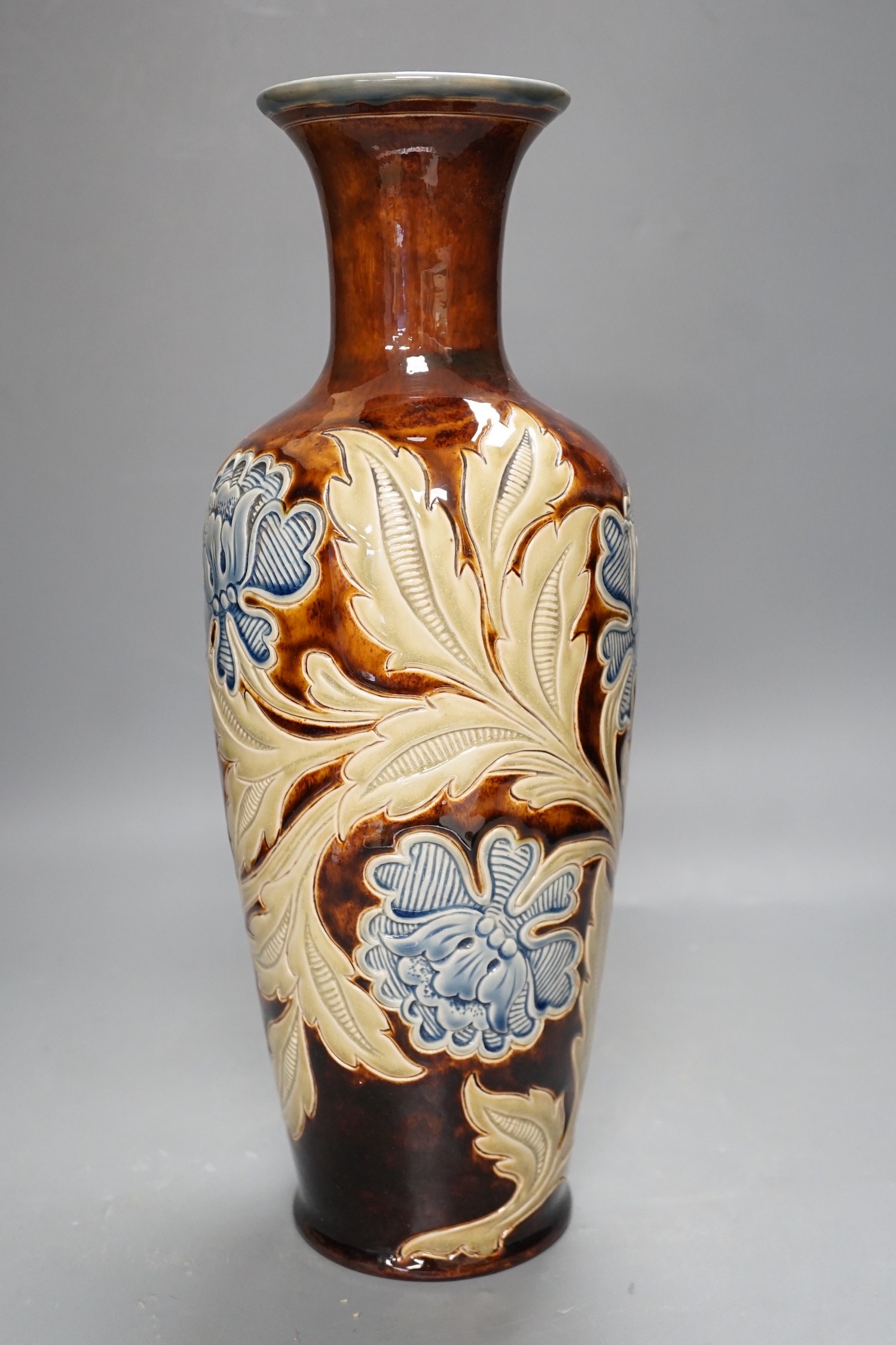 Louisa E. Edwards, a Doulton Lambeth floral vase, dated 1884, 39cm high